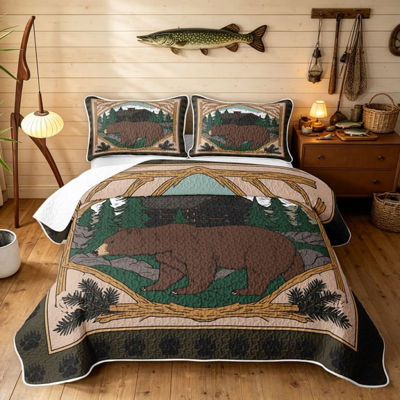 Manfei Vintage Bear Twin Quilt Set, Cartoon Rustic Animal Twin Coverlet Set, Brown Green, Black Reversible, 2pcs, 1 Bedspread and 1 Pillowcase