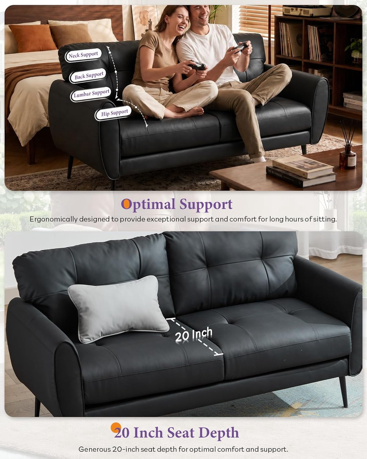 LAZZO 61" Faux Leather Loveseat, Mid Century Modern Tufted 2-Seat Sofa for Small Spaces, Black