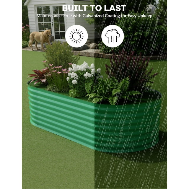 GloryStar Oval Raised Garden Bed - Galvanized Steel Planter with Open-Bottom for Vegetables and Trees
