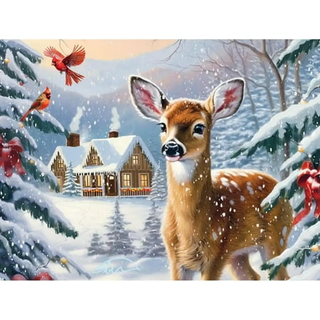 Bits and Pieces Winter Wilderness Jigsaw Puzzle for Adults, 50 Extra Large Pieces, 15" x 19", Deer Snow Cabin Scene, Lettered Back, No Two Pieces Alike
