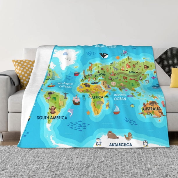 Fotbe World Map With Animals Landmarks Manta de Franela con Estampado, Manta Ultrasuave para Cama, Sofá, Auto, Hipoalergénica y Antibolitas-40"x30"