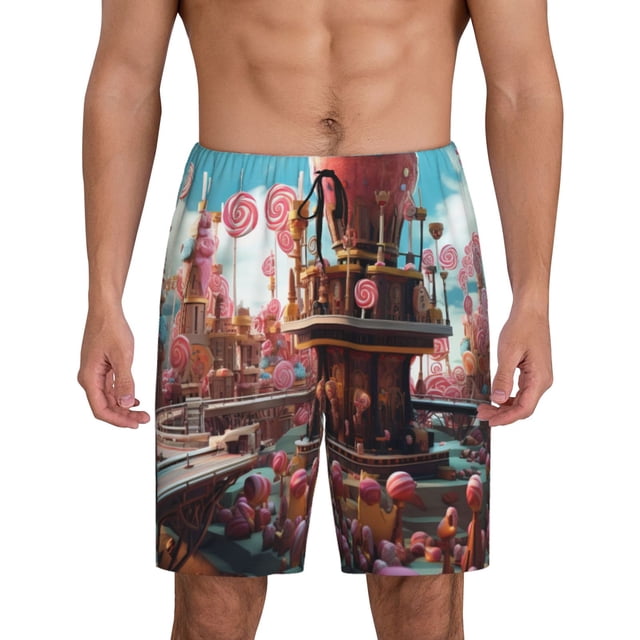 Balery fairy-tale-world-with-delicious-candy Pantalones cortos de pijama de punto de algodón para hombre con cinturilla y bolsillos-Large