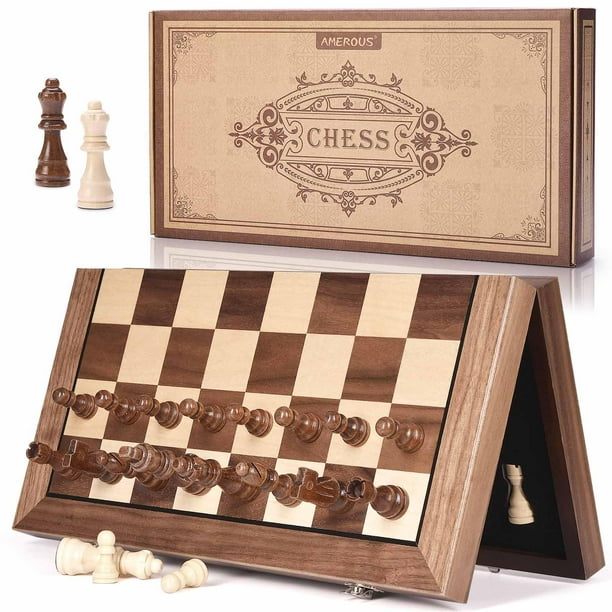 Juego de ajedrez AMEROUS magnético de madera de 38 cm con 2 reinas adicionales