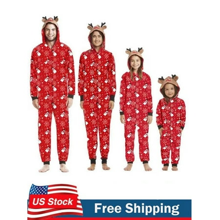 

DcoolMoogl Merry Christmas Family Matching Pajamas Set Reindeer Print Hooded Onesies Zipper Xmas Sleepwear Nightwear Set