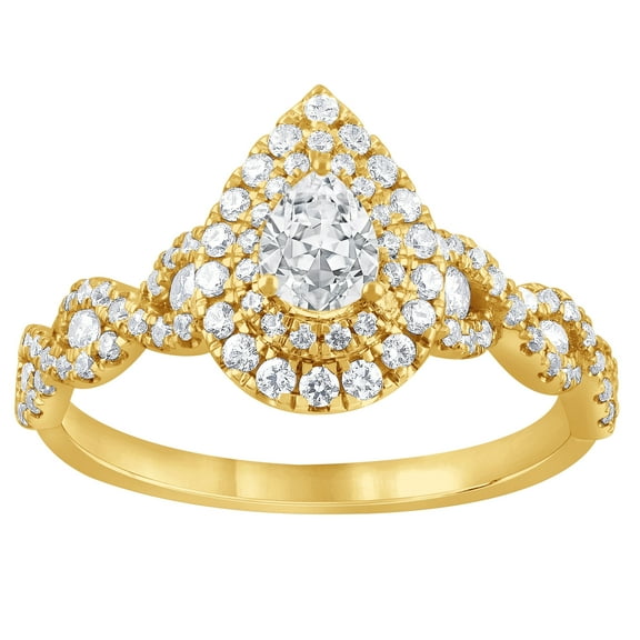 Unique Moments 1 ct Lab Grown Diamond Double Halo Pear Engagement Ring in 10K Yellow Gold