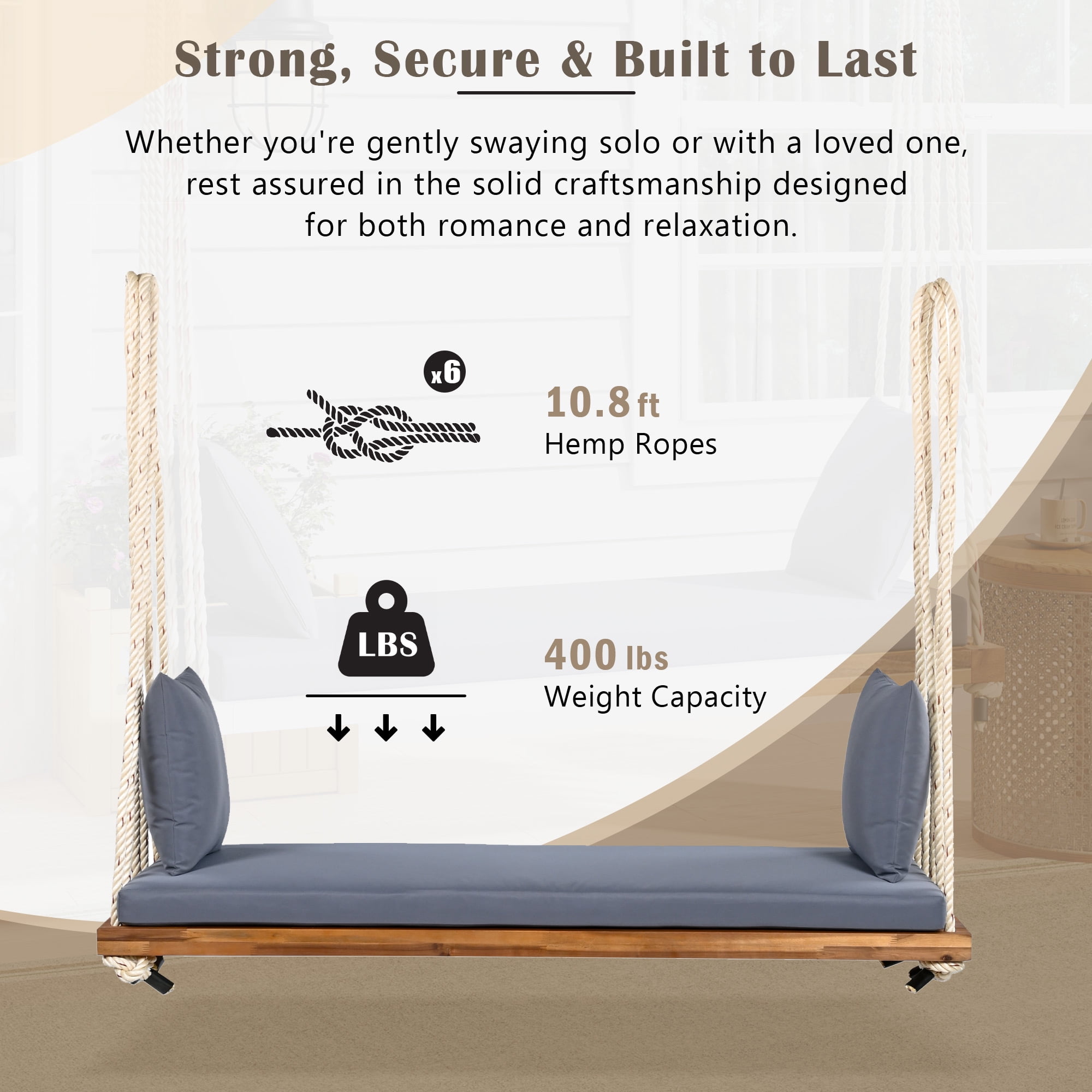 Euroco Acacia Wood Swing Chair with Hemp Rope Suspension, 400lbs Capacity, Comfortable Cushioned Seat, Easy Setup, Multiple Colors