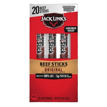 Jack Link's Beef Sticks, Original – Protein Snack, Meat Stick with 6g of Protein, Made with 100% Beef, No Added MSG** – 0.92 Oz. (20 Count)