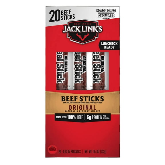 Jack Link's Beef Sticks, Original – Protein Snack, Meat Stick with 6g of Protein, Made with 100% Beef, No Added MSG** – 0.92 Oz. (20 Count)