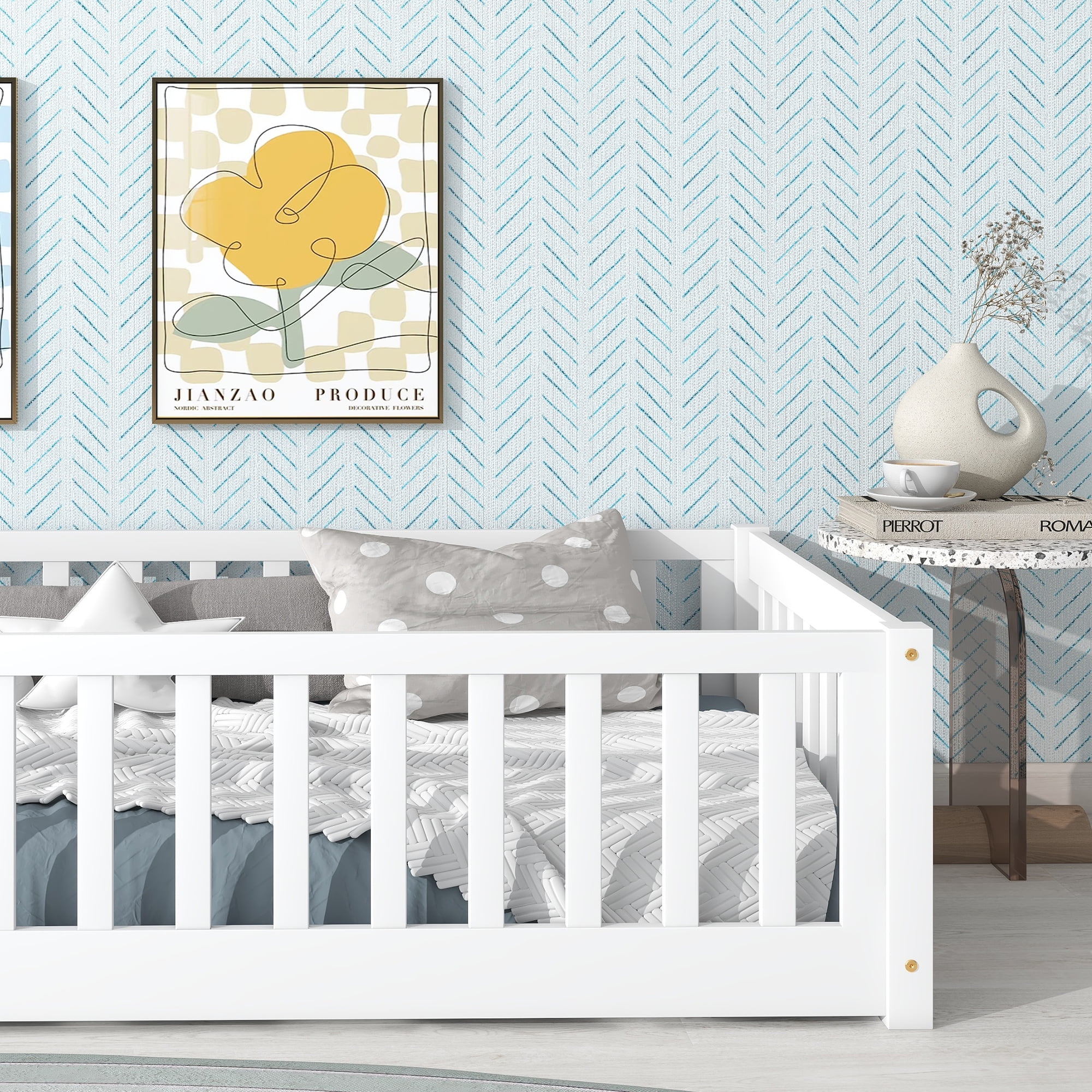 Sailvan Twin Floor Bed with Safety Guardrails,Solid Rubber Wood Fence Kids Bed Frame White