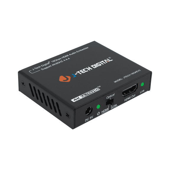 4K 60Hz HDMI Audio Embedder Inserter Digital Analog Audio via 3.5mm or SPDIF Optical Audio Toggle Switch, Supports HDR CEC HDCP 2.2 by J-Tech Digital [JTECH-18GAEV2]