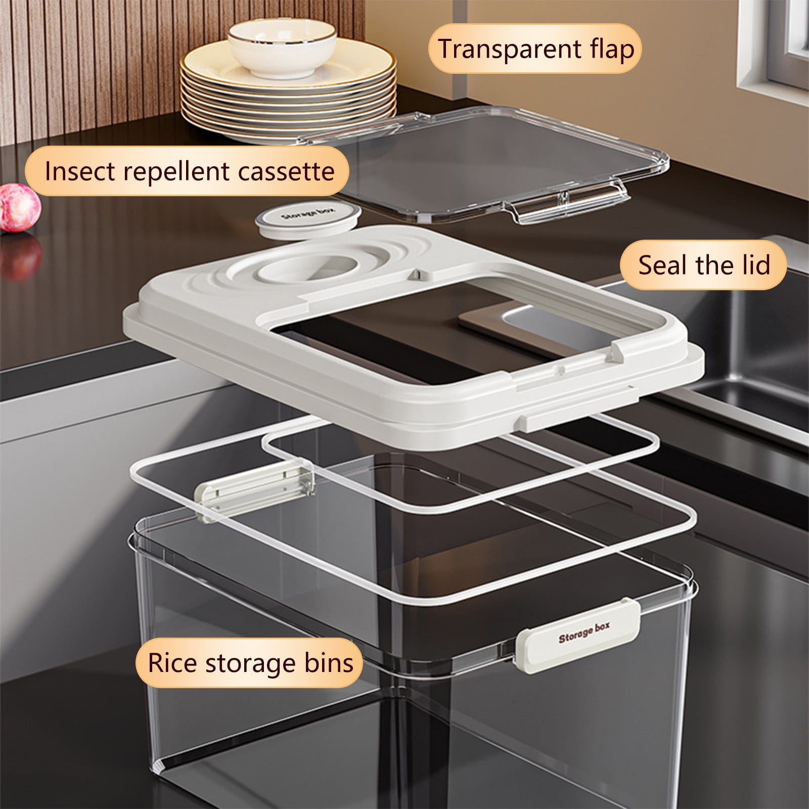 Large Airtight Food Storage Container with Measuring Cup and Visible Window, 22Lb Capacity for Rice, Flour, Cereal, and Pet Food, White or Beige