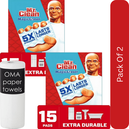Mr. Clean Magic Eraser Extra Durable Scrubber Sponges – 15 Count-2pk, With Paper Towel By OMA