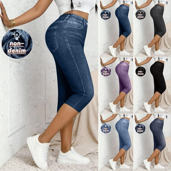 PIWHJQK Women Denim Casual Capris Pants Women 7/8 Denim Look Print Pants With Fake Pockets High Stretch Casual Wear Loungewear Pants