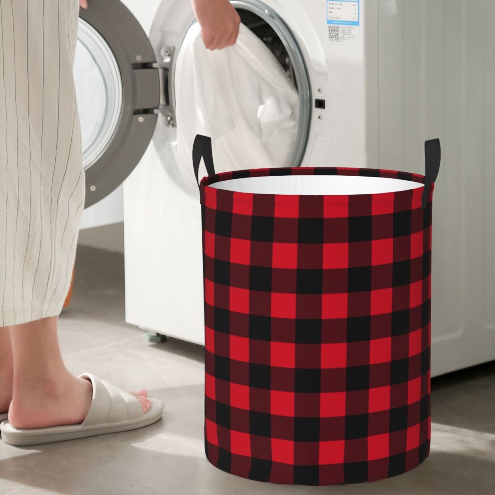 Large Laundry Basket with Handles - Red Black Twill Stripe Plaid Kids Baby Dirty Clothes Laundry Hamper for Bedroom Aesthetic