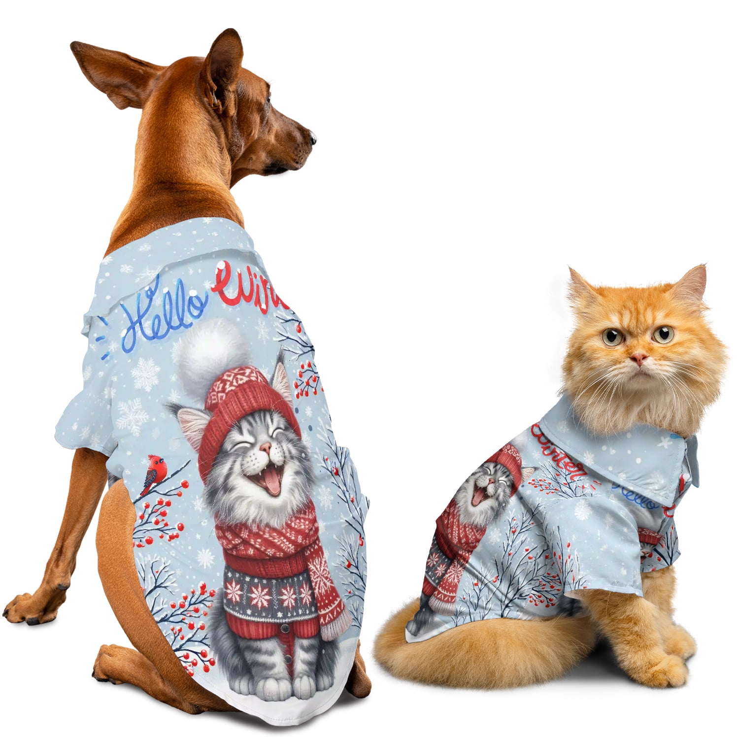 Hello Winter Maine Coon Smiling in Red Scarf Hat Welcome Christmas Hawaiian Summer Shirt for Small Medium Large Dog Cat Cat Lover Kitten Owner Gifts - 00017