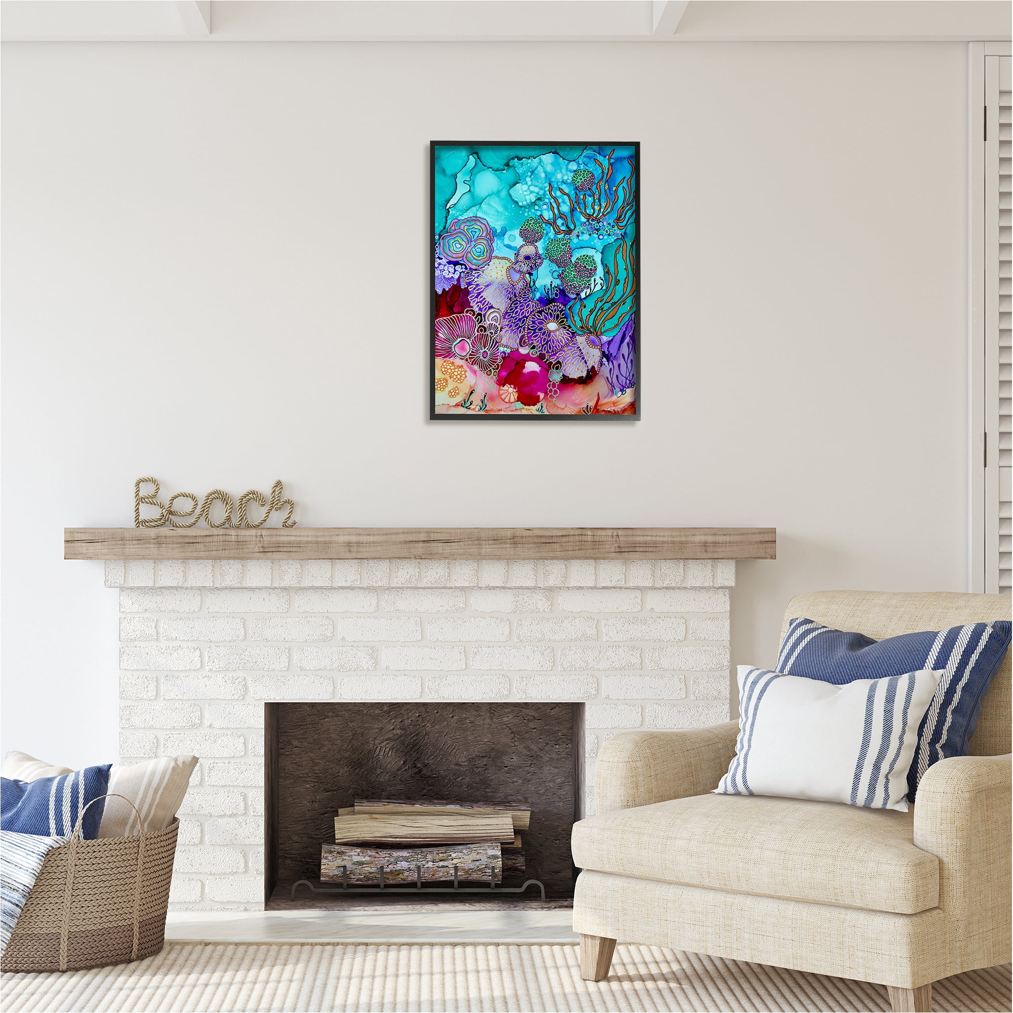 Stupell Industries Modern Coral Reef Abstract Painting Black Framed Art Print Wall Art, 24 x 30