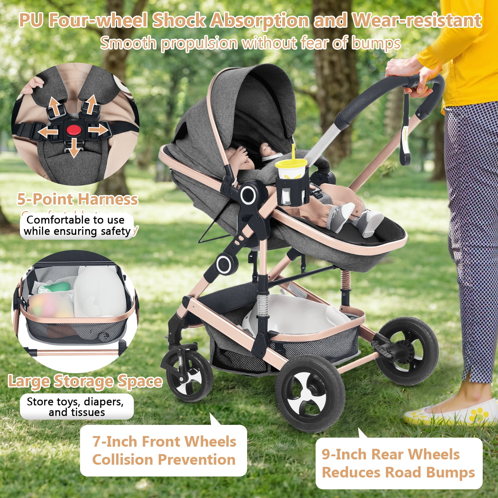 LINLUX 2 in 1 Baby Stroller w/ Diaper Bag & Big Wheel, Infant Pushchair, 23 Pounds, Rose Gold