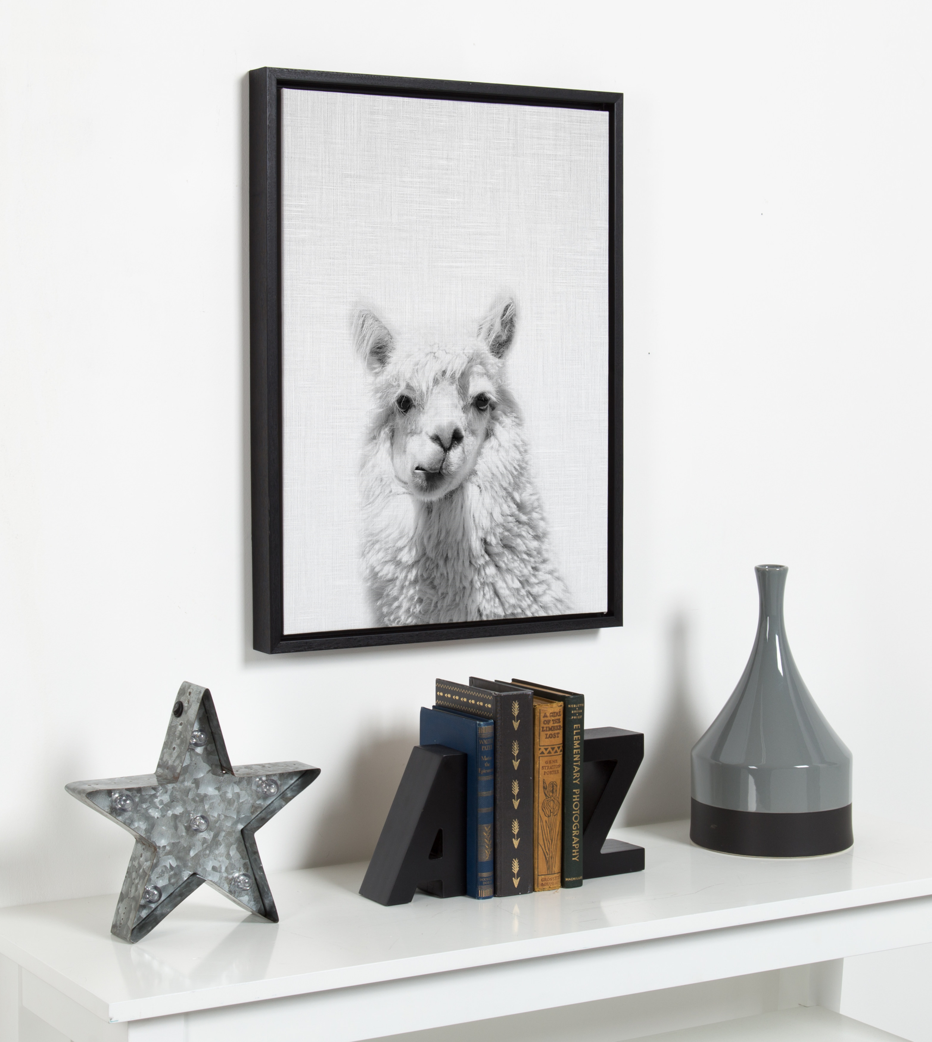 Kate and Laurel Sylvie Alpaca Black and White Portrait Framed Canvas Wall Art by Simon Te Tai, 18x24 Black