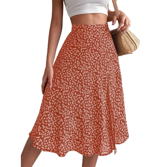 Women'S Summer High Waisted Flowy Slit Midi Skirts Casual Boho Floral Beach Skirt Orange M