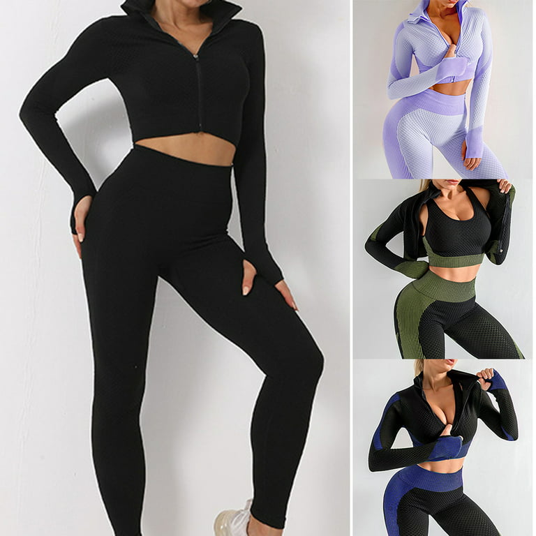 3pcs Sports Jacket Set Long Sleeve Sports Suit Workout Outfits for Women M  Black 