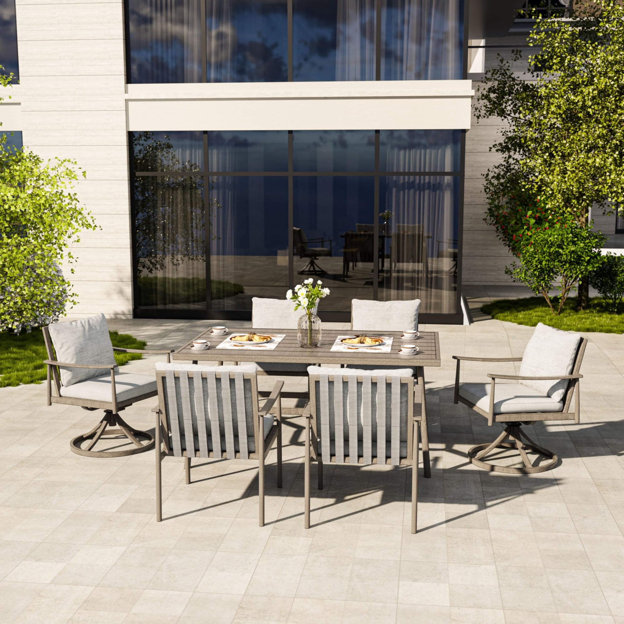 Patio Dining Table for 6, 60 Inch Outdoor Aluminum Table with Umbrella Hole, All Weather Rectangle Patio Table for Backyard Garden Deck Poolside, Dark Gray