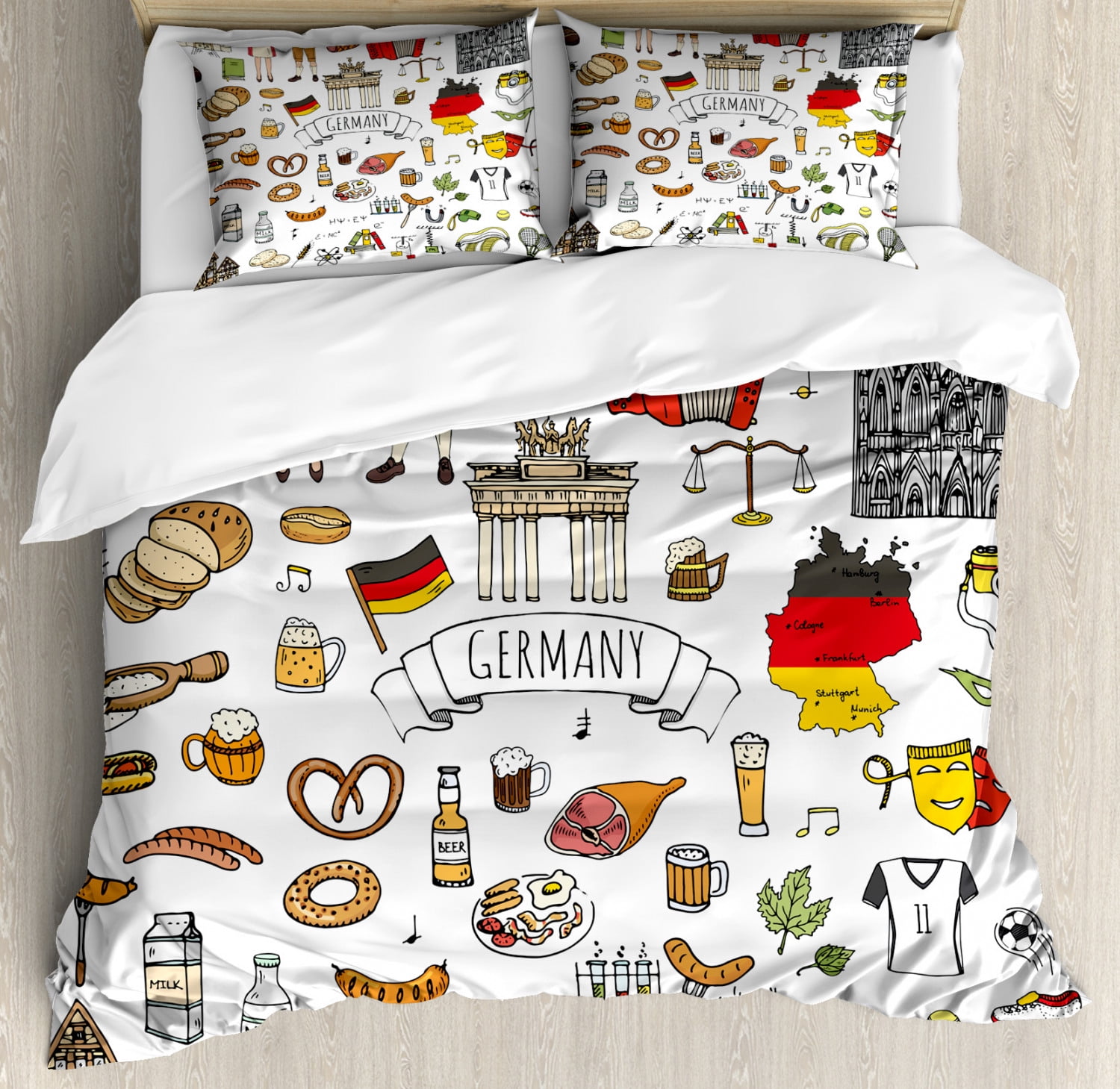 German Queen Size Duvet Cover Set, Hand Drawn Doodle of German Culture