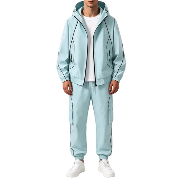 Men's 2 Piece Hooded Windbreaker Suit Jacket and Cargo Pants Lightweight Zip Up Multi Pocket Sports Outfit