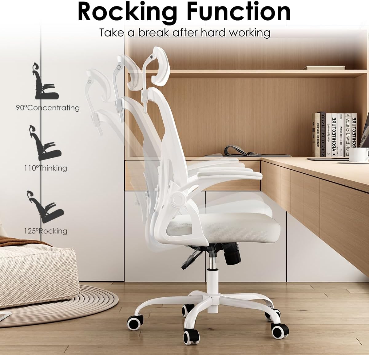 STARY Ergonomic Mesh Office Chair with Headrest, Tall Reclining Computer Chair with Adjustable Lumbar Support and Adjustable Arms for Home Office, White & White