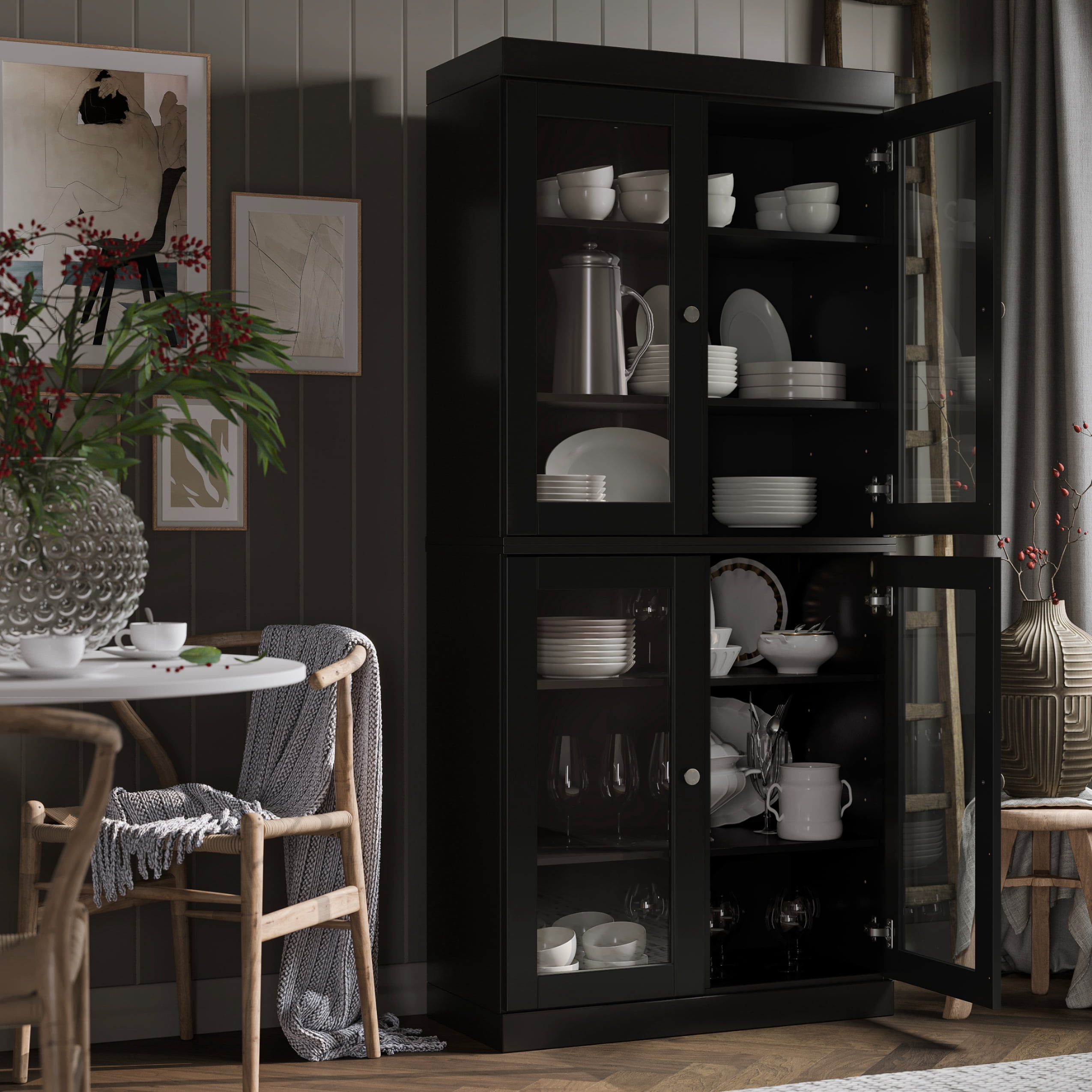 Palace Imports 100% Solid Wood Kitchen Pantry Storage Cabinet with Glass Doors and Adjustable Shelves, Black