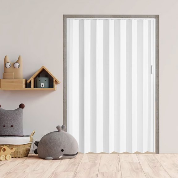 59“ X 78” White PVC Accordion Door, Folding Accordion Doors, Bifold Portable Interior Folding Door with Mounting Hardware, Handle, for Closet Bathroom Doorways.