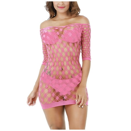 Odeerbi Fishnet Lingerie Set for Women 2025 Sexy Seamless Mesh Netting Chemise Hollow Out Perspective Babydoll Dress Sleepwear Nightwear Nightdress Pink