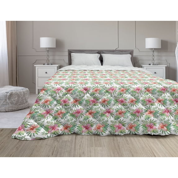 Luau Down Alternative Comforter, Art of Flowers of Tropical Places, Microfiber Quilt for All Season, 5 Sizes, Dark Pink White Green, by Ambesonne