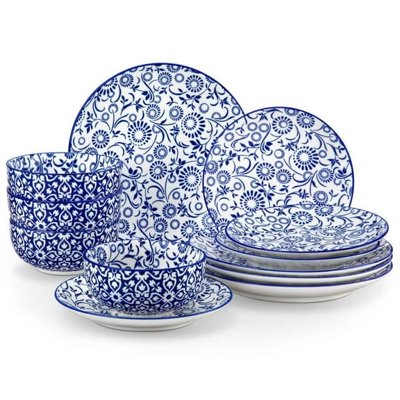 12-Piece Blue Porcelain Dinnerware Set Service for 4 Sunflower Pattern Bowls and Plates Set Dishware for Kitchen Dinning