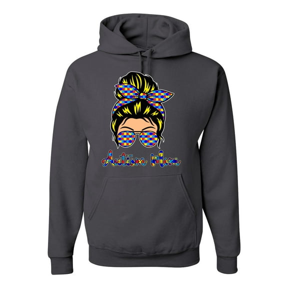 Autism Awareness Mom Life Messy Hair Bun | Cool Support Neon Print Bandana Mother's Day Unisex Graphic Hoodie Sweatshirt, Charcoal, XX-Large