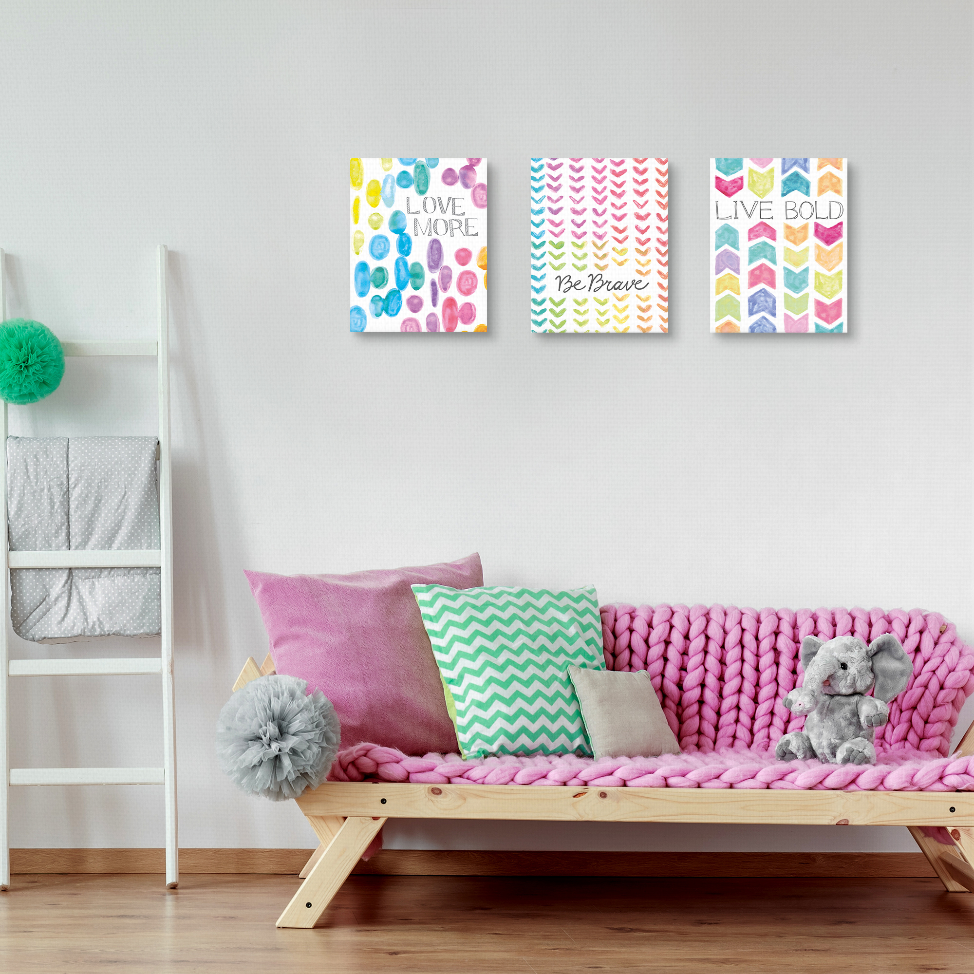 Vibrant Be Brave, Live Bold, and Love More by Lottie Fontaine Set of 3 Canvas Art Prints