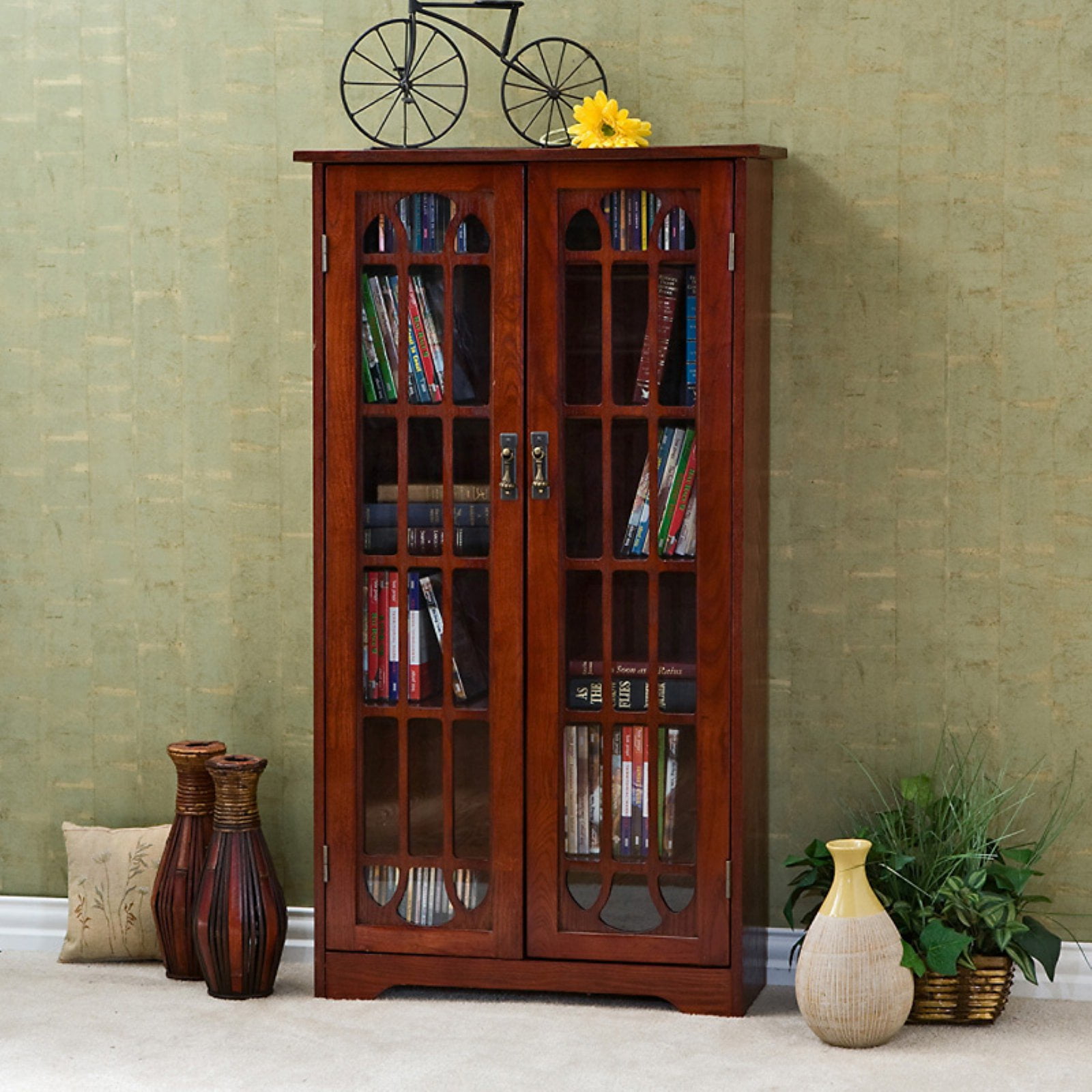 Southern Enterprises Glass Window Pane Media Bookcase Cherry