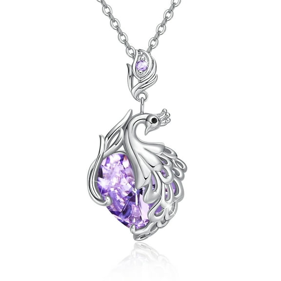 Cuoka Phoenix Necklace 925 Sterling Silver Purple Heart Crystal Pendant Necklaces 18K White Gold Plated Elegent Jewelry Birthday Valentine's Day Gift for Women Daughter Mom Wife