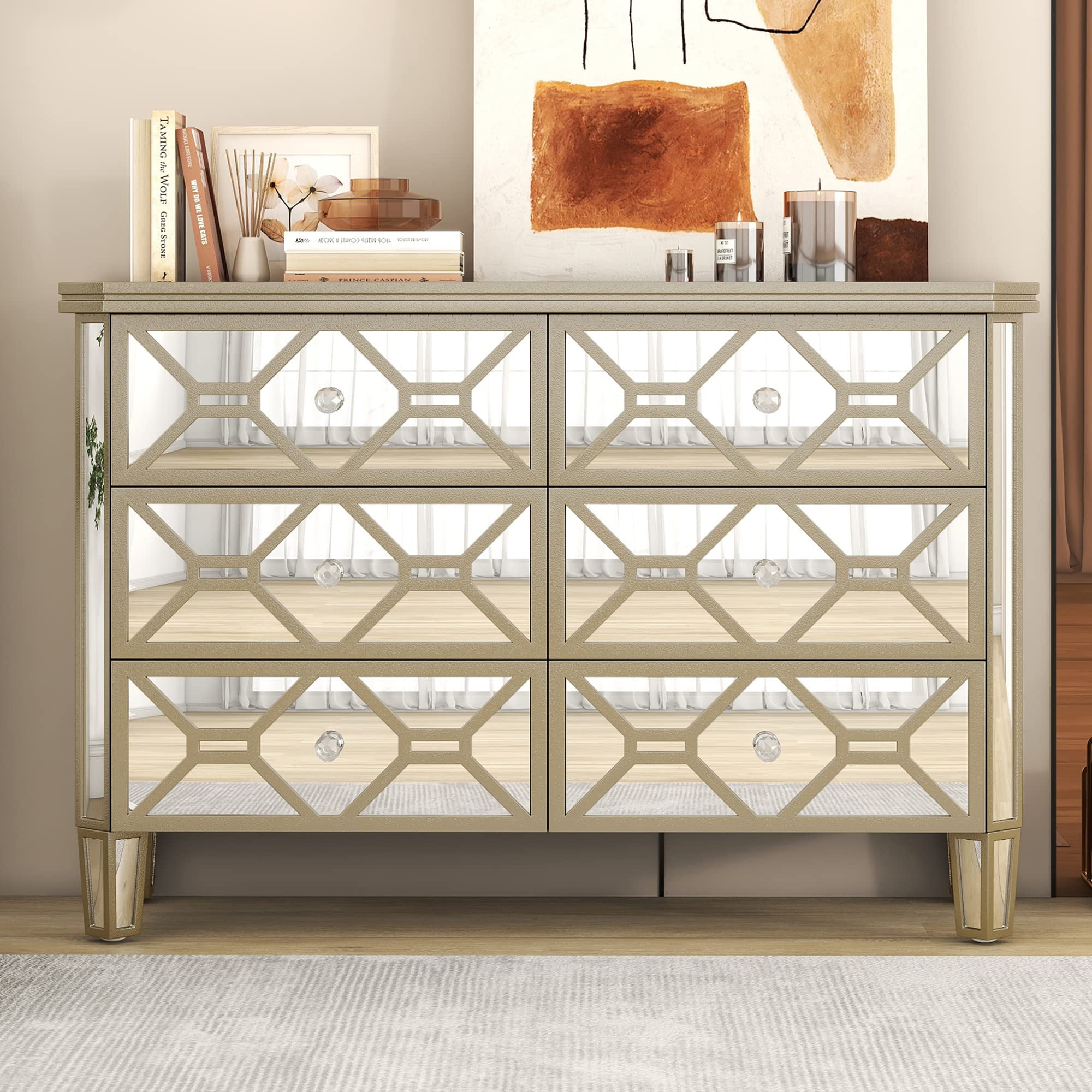 Mirrored 6Drawer Dresser with Golden Lines Storage Silver