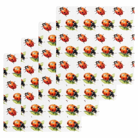 Cute Ladybugs Kitchen Dish Towels for Drying Dishes Set of 4, Spring Botanical Leaves Farmhouse Waffle Weave Microfiber Hand Tea Bathroom Towels Quick Dry & Absorbent Towel 12x12
