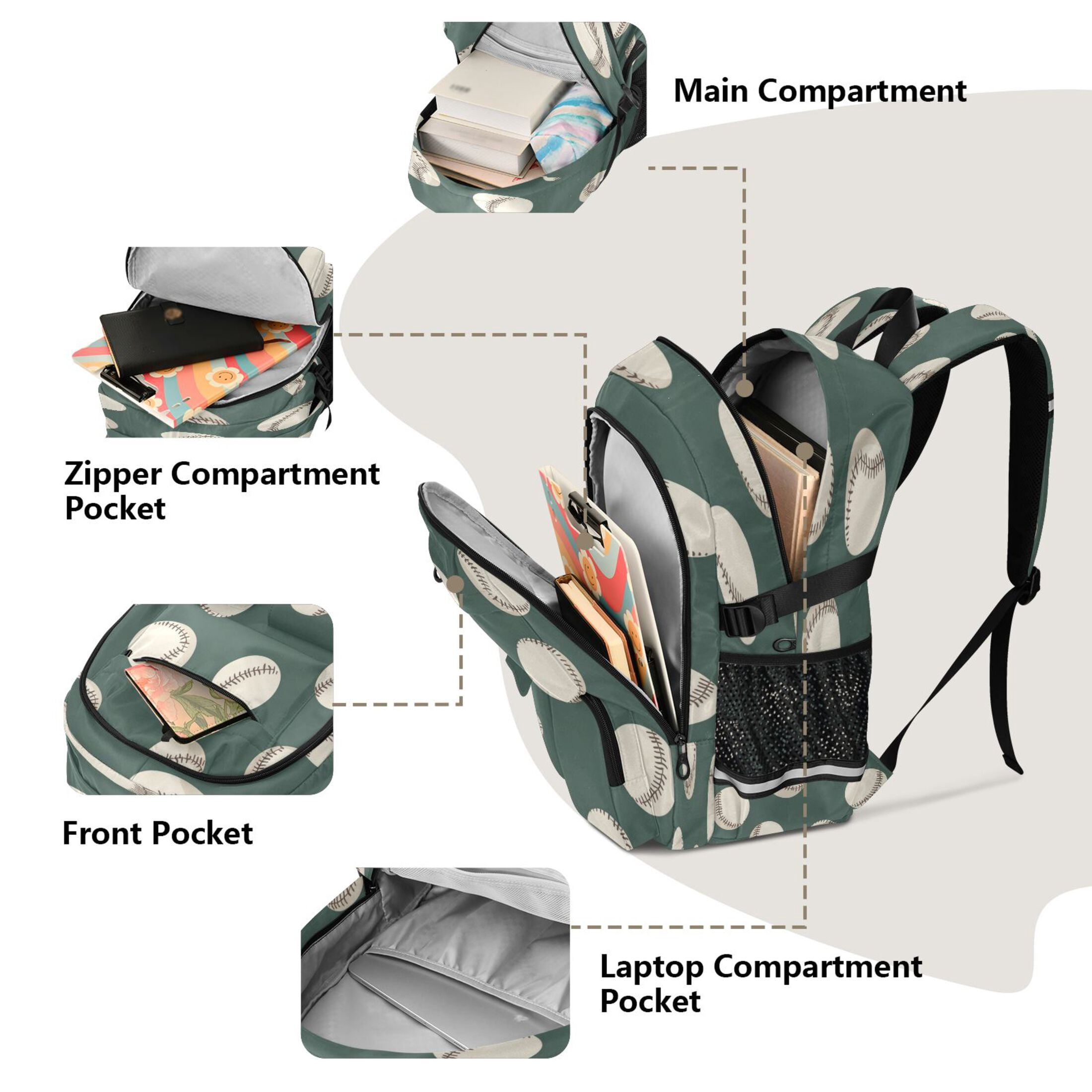 30L Backpack Durable Computer Bag for College & Travel Lightweight Daypack Fits 15.6" Laptop Green Baseball Pattern