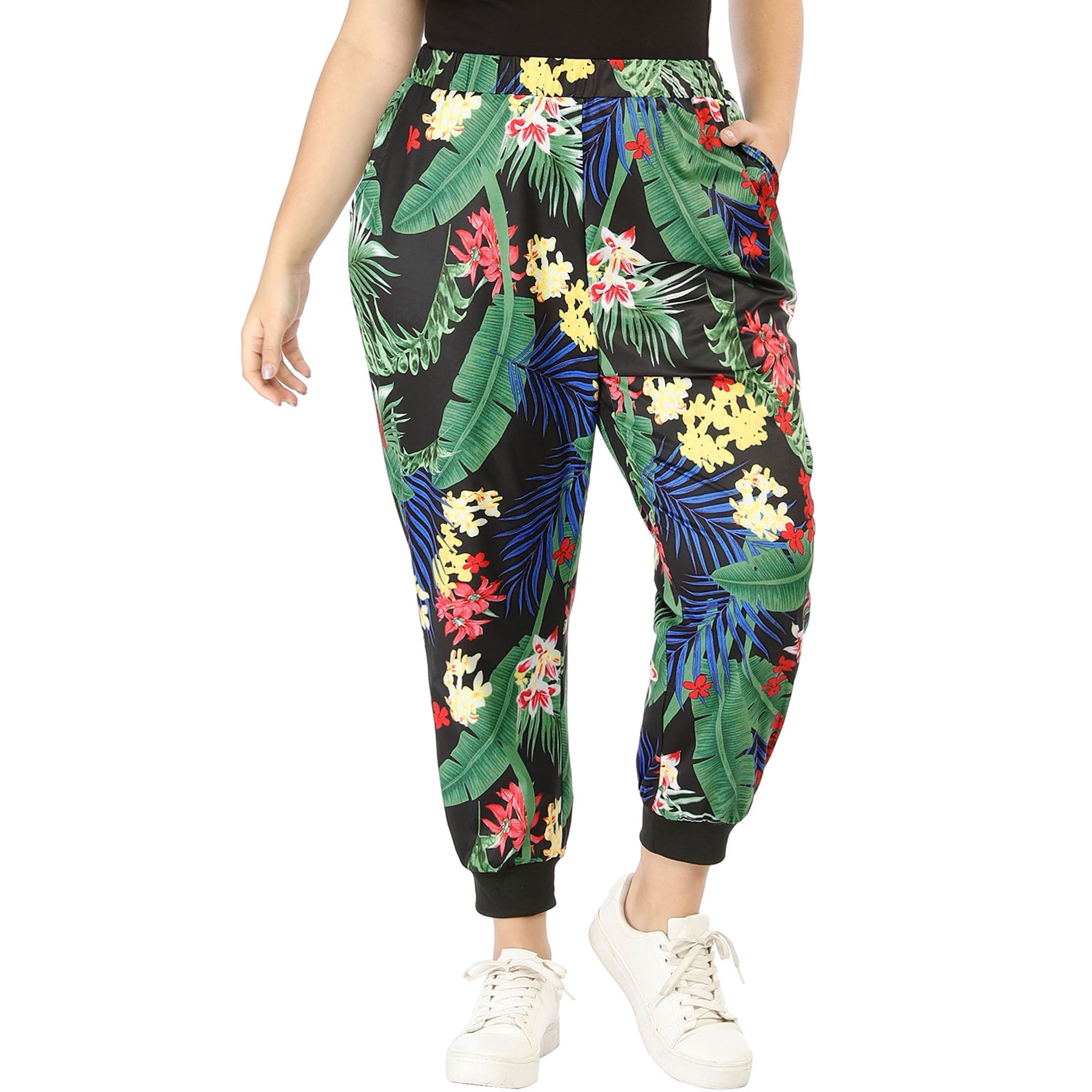 Women s Plus Size Elastic Waist Pockets Floral Jogger Pants Black 2X Walmart