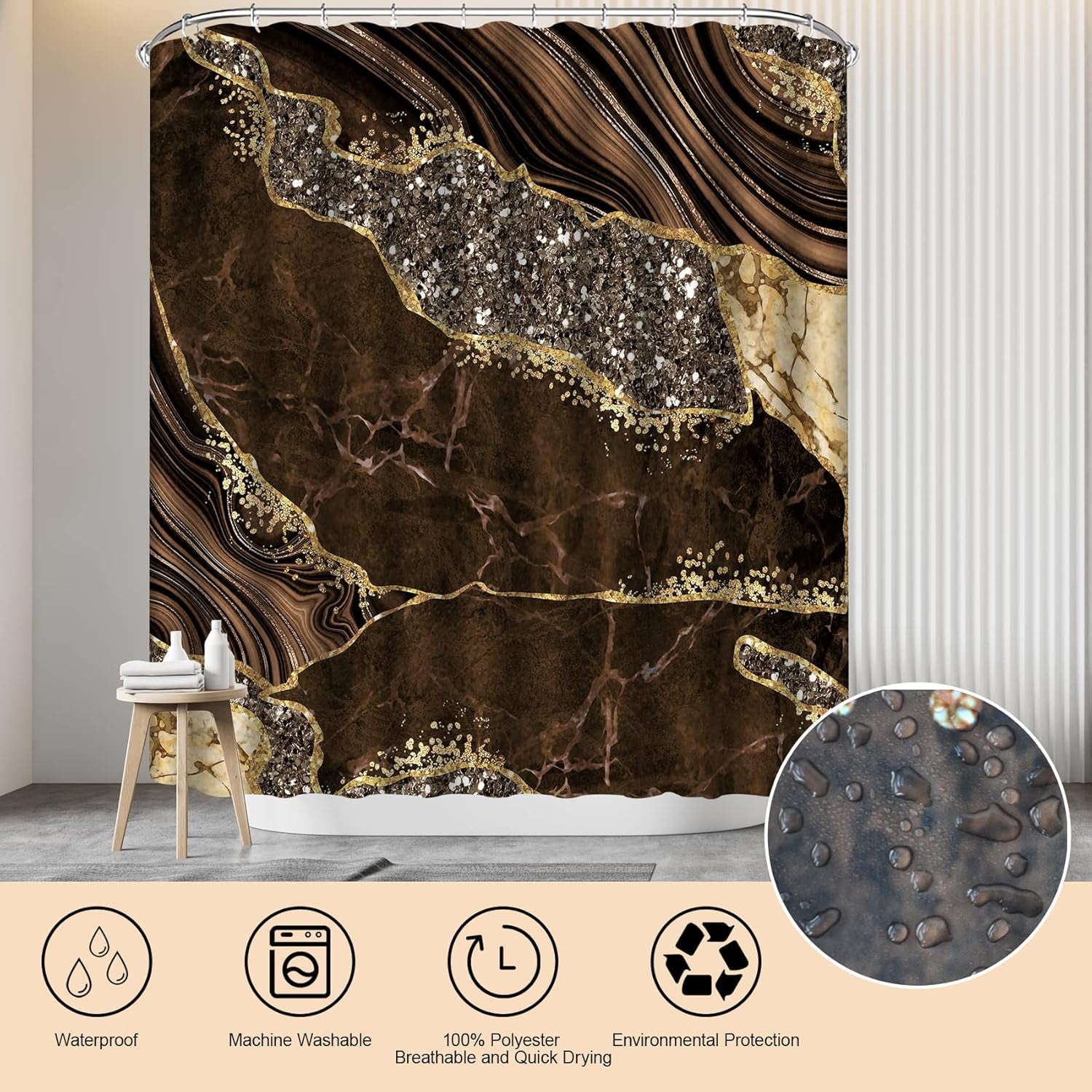 4PCS Marble Shower Curtain Sets, Modern Bathroom Sets With Toilet Lid Rug, Contour and Bath Mat, Luxury Bathroom Decor with 12 Hooks