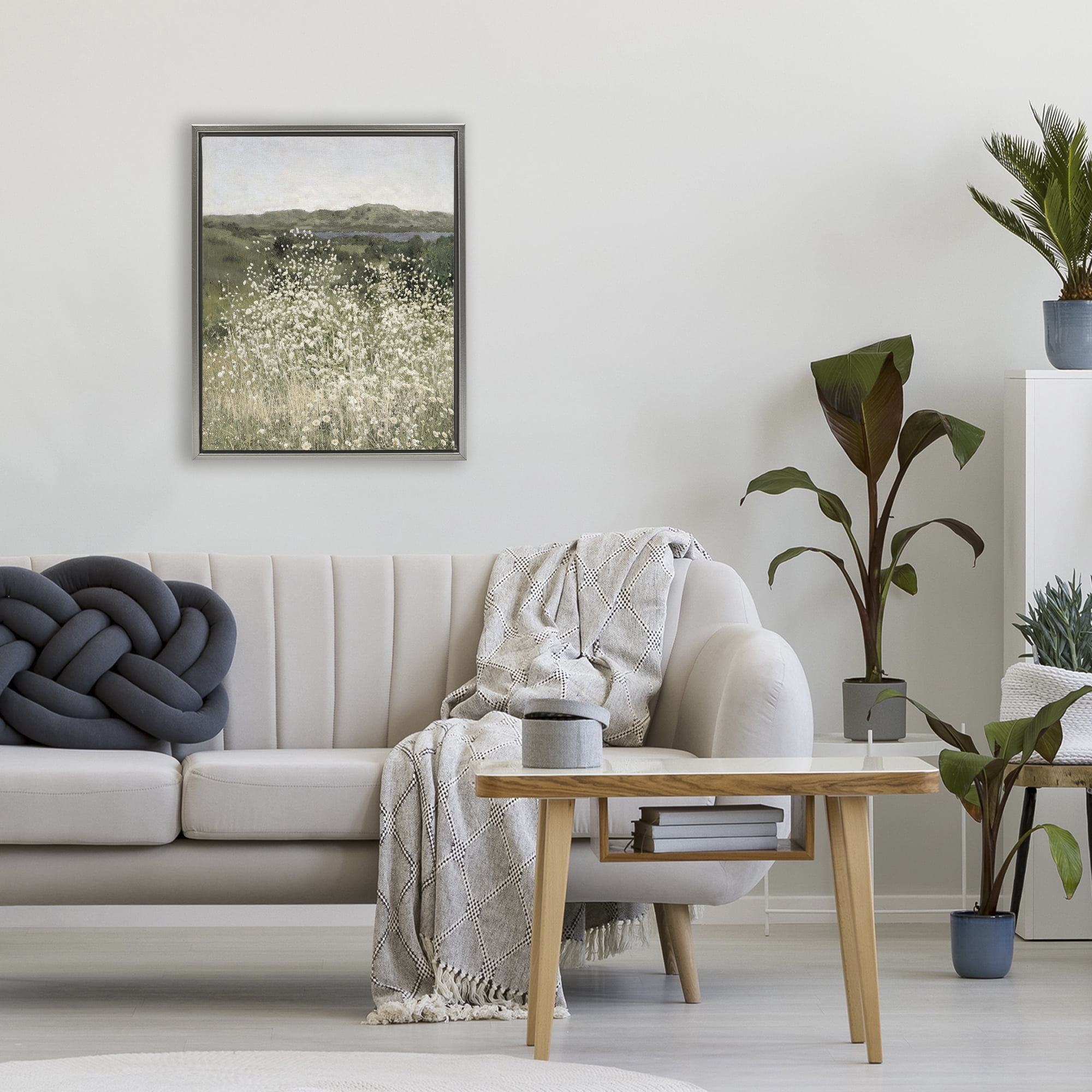 Stupell Industries Sunlit Meadow of White Daisies Gray Framed Floater Canvas Wall Art, design by Amber Sterling