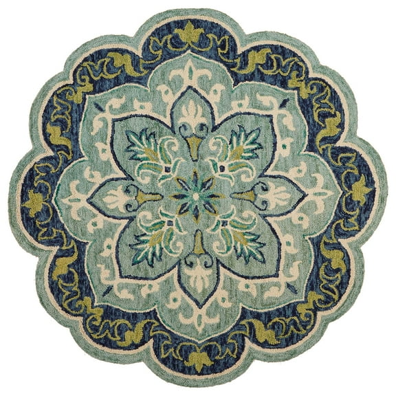 Laddha Home Designs 4' Blue and Green Floral Medallion Hand Tufted Wool Area Throw Rug