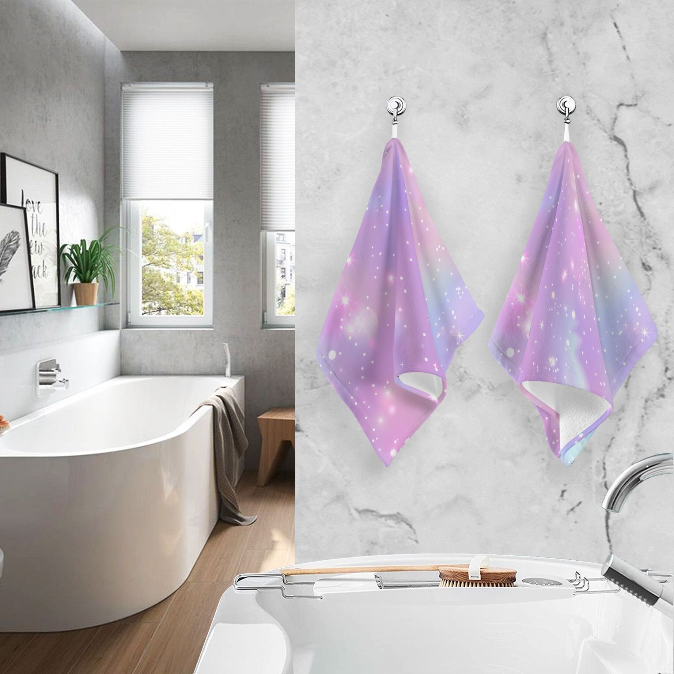 Pink Sky with Stars 2 Pcs Hand Towel Set Cotton Absorbent Soft Face Towels Bath Towels for Bathroom Kitchen Shower Hotel Decor 16"x28"