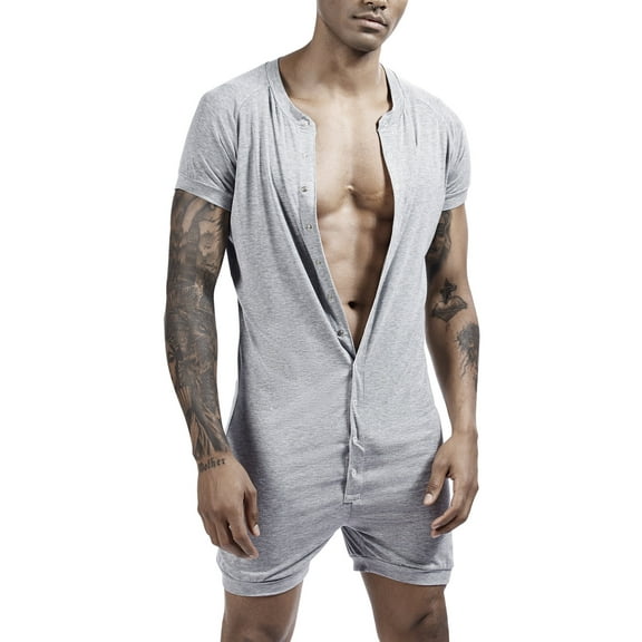 Men’s One Piece Pajamas Shorts Knitted Fitted Nightshirt Romper Button Down Workout Nightwear Undershirt Jumpsuit Outfits Grey Medium
