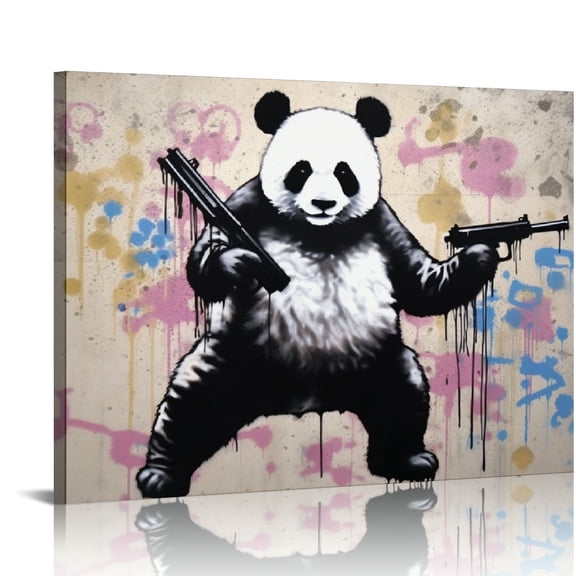 COMIO Banksy Wall Art Poster - Panda with Guns Canvas Print - Cool Wall Decor - Street Graffiti Art Black and White Pictures Animal Painting for Bedroom Living Room