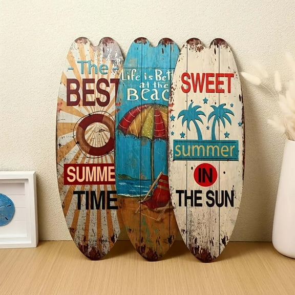 Surfboard Wooden Sign Wall Decor Beach Ocean Theme Summer Coastal Decor for Bar Living Room Home Retro Wood Plaque Art with Rope Hanger