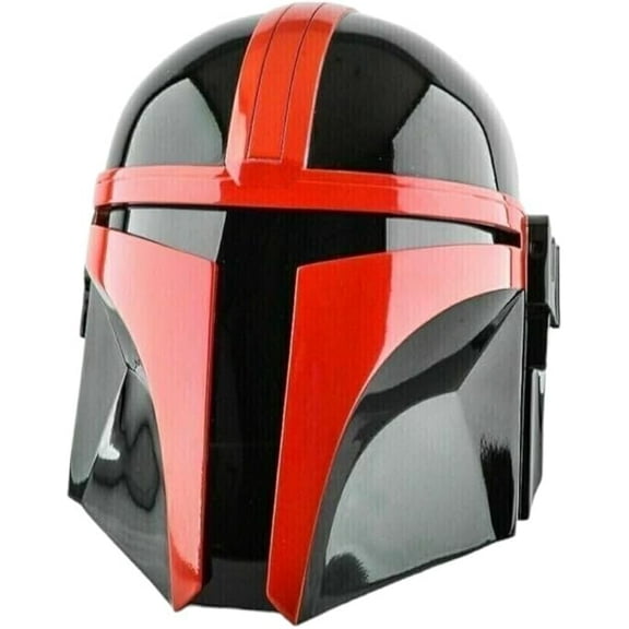 Mandalorian Steel Metal Helmet Red-Black Pattern Face Head Mask with Liner and Chin Strap for LARP Cosplay Role Halloween Armour Gift, Standard