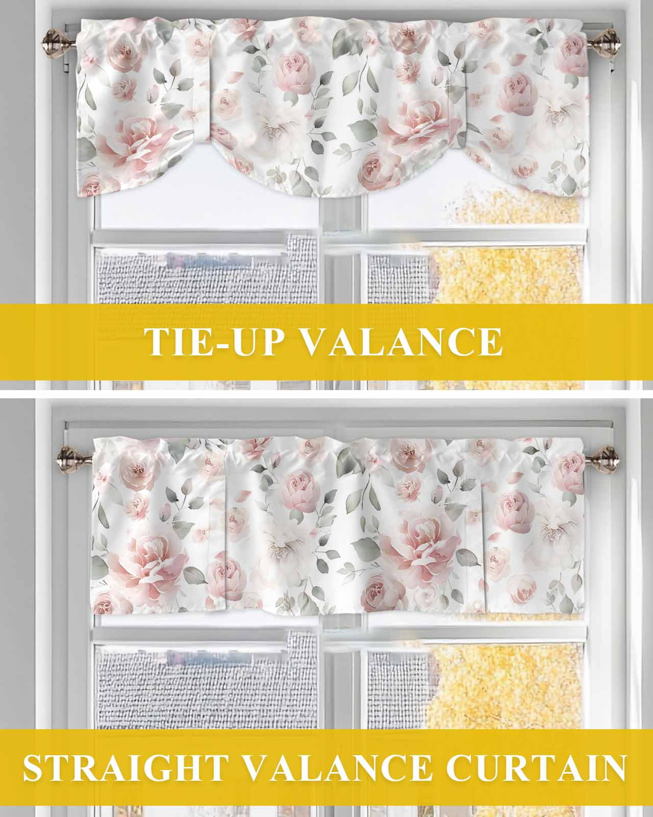Light Pink Flowers Tie Up Valances Curtain, Adjustable Kitchen Gray Leaf Spring Floral Farm Plant Valances for Windows Decor, Rod Pocket Short Curtains Set for Bedroom/Bathroom, 54"x18"